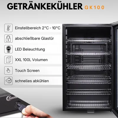 Produktbild von Sommertal Kühlschrank GK 100– Leiser Getränkekühlschrank mit LED, Touchscreen & Schloss kleiner Flaschenkühlschrank schwarz 100L