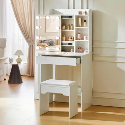 Productafbeelding van Make-uptafel met verlichting, wit. Make-uptafel met schuifspiegel, lade en planken. Frisetafel, 60x40x130cm, inclusief krukje