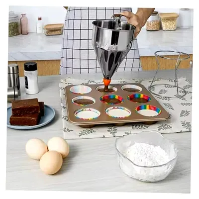 Produktbild von Praktischer Teigspender aus Edelstahl mit Ständer für Cupcakes, Waffeln, Muffins, Crêpes und Kuchen.