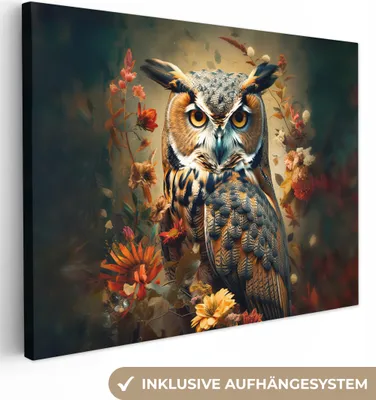 Produktbild von MuchoWow® - Leinwandbilder - Eule - Vogel - Blumen - Botanisch, Wandbild, Wanddeko Bilder Wohnzimmer, 80x60 cm