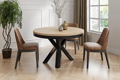 Produktbild von Runder Ausziehbarer Esstisch im Loft-Stil - Industrieller Tisch mit Schwarzen Metallbeinen - Platzsparender Tisch für Wohnzimmer - Sonoma Eiche - 120 bis 200 cm
