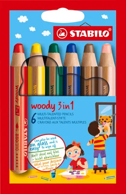 Image de Crayon de couleur, aquarelle & craie de cire - STABILO woody 3 en 1 - pack de 6 - avec 6 couleurs différentes