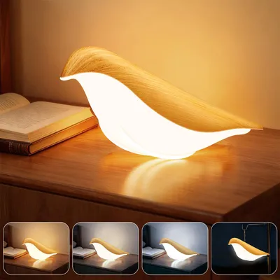 Produktbild von LED Vogel Nachtlicht Aufladbare Kabellose Nachttischlampe Dimmbar 3 Farbmodi Touch Steuerung Tischlampe mit Öldiffusor, Holzoptik