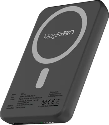 A black wireless power bank with text and logos printed on its surface, shown at an angle.