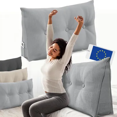Image de Coussin dorsal en forme de vague, large de 100 cm, adapté pour un lit ou un canapé, avec une poche latérale