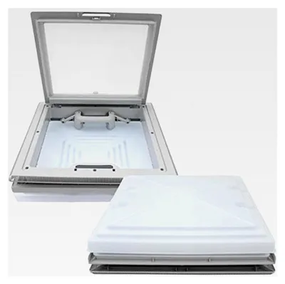 Produktbild von Dachluke Dachfenster Dachhaube 40 x 40 cm mit Rollo und Moskitonetz für Wohnwagen, Wohnmobil, Caravan und Boot in Grau