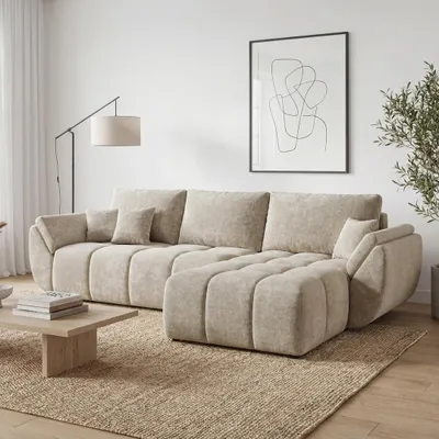 Produktbild von EZIMPAZ Schlafsofa CALVANI, Ecksofa Gesteppt mit Schlaffunktion und Bettkasten, Freistehende Polsterecke, DL-Automatik - Beige Rechts