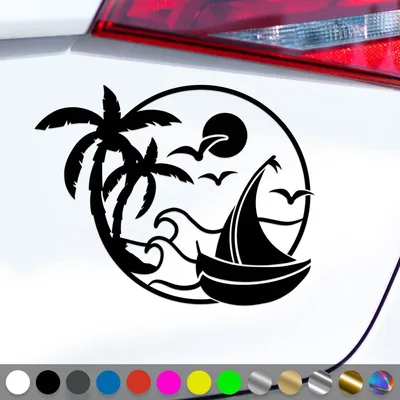 Produktbild von PantherPixel Sonne Strand Aufkleber Palmen Urlaub Reisen Segelboot Sticker Auto Geschenkidee Farbe Schwarz