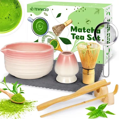 Matcha-Set, 8-teilig, rosa, mit Schale, Besen, Sieb & Löffel
