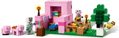 A LEGO Minecraft playset featuring a pink pig house, figures, and accessories.