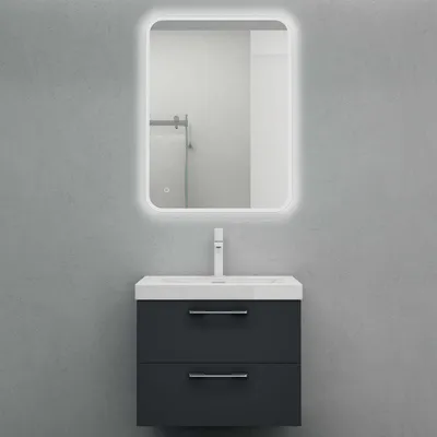 Image de doporro Meuble de Salle de Bains Gris Noir Mat Ensemble de 3 Pièces Meuble sous Vasque Suspendu avec Lavabo et Miroir Led 60cm 2 Tiroirs Design Bavaria
