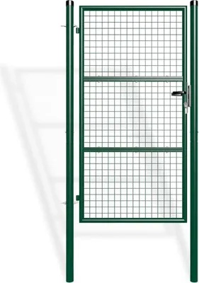 A green metal garden gate with a wire mesh infill, shown standing upright against a white background.