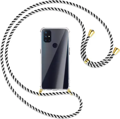 Produktbild von Handykette Backcover-Schutzhülle mit Band (Metall goldfarben) für OnePlus Nord N100 - schwarz/weiß gestreift