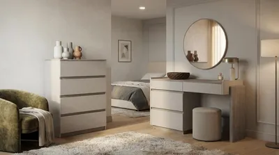 Image de Commode, miroir, tabouret, beige, moderne, élégant, table de maquillage, Image générée par une IA