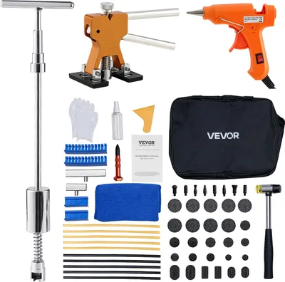 Immagine prodotto di Set di rimozione delle ammaccature VEVOR, set di 61 pezzi per la rimozione delle ammaccature senza verniciatura con martello a slitta sollevatore dorato e pistola incollatrice con barra a T, strumenti per la rimozione dei danni da grandine sulla carrozzeria