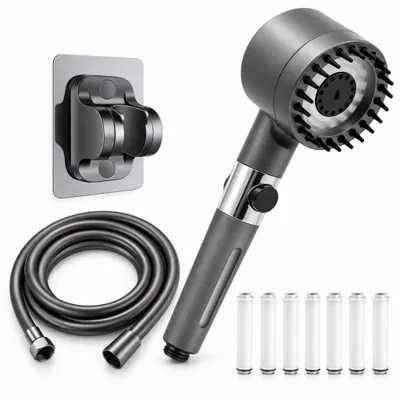 Produktbild von Duschkopf mit Filter & Massagenoppen – 3 Strahlarten, Stopptaste, inkl. 7 Filter, Schlauch & Wandhalterung – Grau
