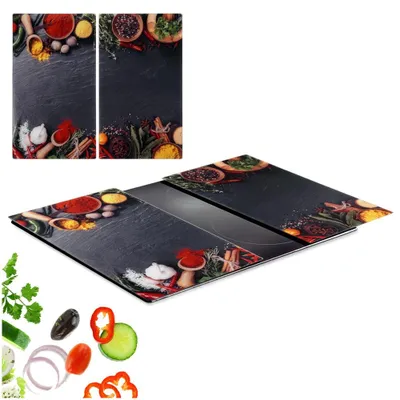 Produktbild von 2er-Set Glas-Schneidebretter und Kochfeldabdeckung 60 x 52 cm, Gewürzmotiv
