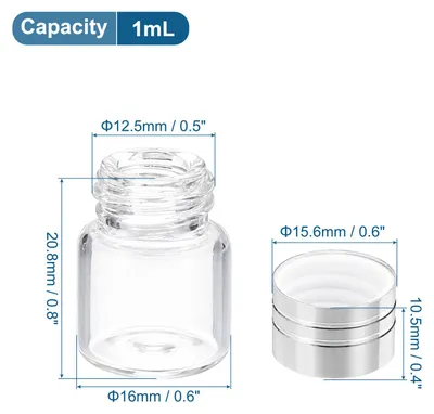 Produktbild von 1ml Kleine Glasfl?schchen, 20 Stš¹ck Mini-Klare Glasflaschen Leere Gl?ser Aluminium Schraubverschluss Kleine Fl?schchen Beh?lter fš¹r Pulver Creme Kunsthandwerk, Silber