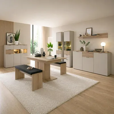 Produktbild von Esszimmer Komplett Set in Beige mit Eiche, inkl. Beleuchtung, 8-teilig - ISCHIA-36