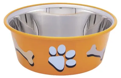 Productafbeelding van Rvs honden- of kattenbakje met pootmotief, oranje Ø 14,5 cm 0,90 l