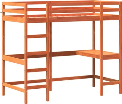 Produktbild von Hochbett mit Schreibtisch Wachsbraun 90x200cm Massivholz Kiefer