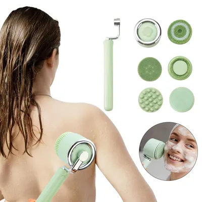Produktbild von Elektrische Duschbürste mit abnehmbarem Griff und 5 Bürstenköpfen, 3 Geschwindigkeitsstufen für Hautpflege, Grundreinigung und Massage.