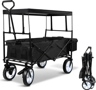 A black foldable wagon with a canopy is shown against a white background. A smaller, folded version of the wagon is visible to the right.