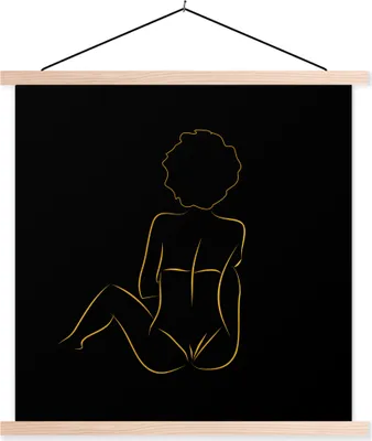 Produktbild von MuchoWow® Textilposter Frau - Schwarz - Gold - Strichzeichnung 40x40 cm mit holzfarbenen Rahmen - Posterleiste