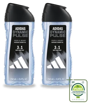 Immagine prodotto di 2 flaconi di gel doccia Adidas Dynamic Pulse 3-in-1 - 250 ml ciascuno - confezione grande - 2 pezzi