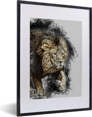 Produktbild von MuchoWow® MuchoWow® Gerahmtes Poster Illustration - Löwe - Schwarz 30x40 cm - Poster mit zchwarzem Bilderrahmen - Wandposter Schlafzimmer