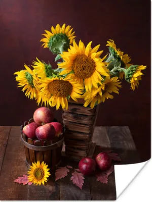 Produktbild von MuchoWow® Poster Sonnenblumen - Apfel - Stilleben 90x120 cm - Wohnzimmer