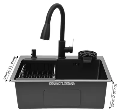 Obrázok produktu pre Kuchynský drez – s jedným umývadlom – 55 × 40 cm – montáž na dosku – výsuvná batéria – umývač pohárov a šálok – nerezová oceľ 201 – obdĺžnikový – čierny