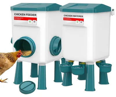 Image de Kit d'alimentation pour poulets, 8 kg, abreuvoir de 7 litres, pour l'extérieur, avec pieds amovibles