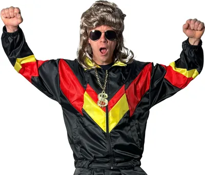 Produktbild von Foxxeo Herren 80er Jahre Kostüm Trainingsjacke Retro Schwarz mit Rot und Gelb – Karneval Fasching Mottoparty Festival Outfit S bis 4XL, Größe:XXL