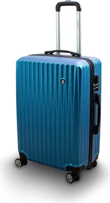 A blue hard-shell suitcase with a telescopic handle and wheels, shown on a white background.
