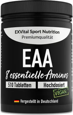 A black container of EAA tablets with German text and a vegan logo.