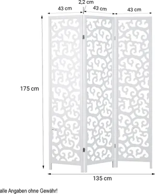 Produktbild von Homestyle4u Paravent Raumteiler 3 teilig Kiefer Holz Ornamente Weiß Indoor