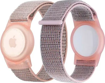 Two pink and gray Apple AirTag holders with woven bands are shown against a white background.