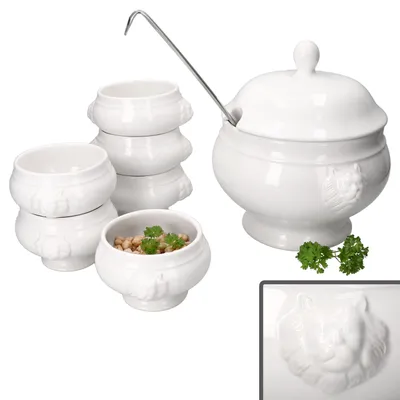 Produktbild von 7tlg Set LEO Löwenkopf-Terrine mit & ohne Deckel 2L 0,25L weiß Suppen-Schale