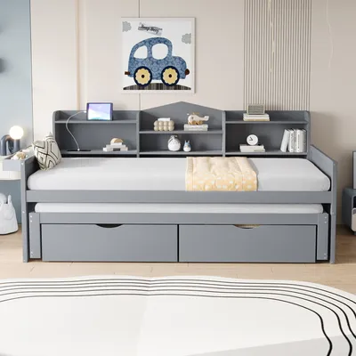 Image de Abrihome Canapé-lit double Lit en bois massif 90 x 200 cm avec lit gigogne, tête de lit avec espace de rangement et tiroirs, USB, gris (sans matelas)