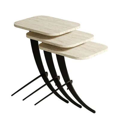 A set of three nesting tables with travertine-like tops and black curved legs, displayed against a white background.