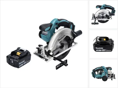 A cordless circular saw and a battery pack are displayed against a white background, with additional product shots on the right.