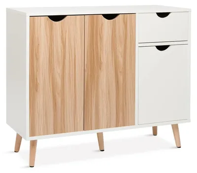 Produktbild von Sideboard Kommode mit Schubladen und Türen Weiß/Natur 90 x 30 x 74 cm