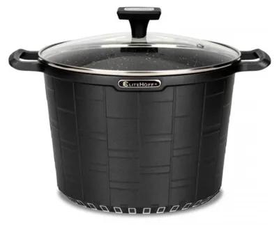 A black pot with a glass lid and handles, shown from the front on a white background.