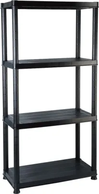 A black, four-tier plastic shelving unit against a white background.