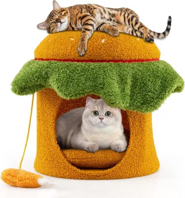 Produktbild von GOPLUS Hamburgerförmiges Katzenbett, Hamburger Katzenkratzbaum mit gepolsterter Oberseite & abnehmbarem waschbarem Kissen, Katzenhöhle für Katzen