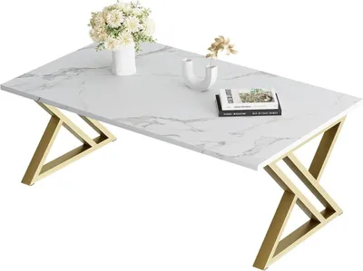 Image de Huhote Table basse bois marbre blanc or 100x48x55 cm