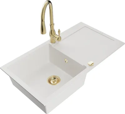 Produktbild von Mexen Leo 1 Becken-Granitspüle mit Abtropffläche und Mischbatterie Savita, Weiß - 6501-20-672601-50