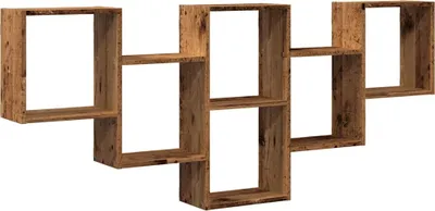 A wooden wall shelf with multiple compartments.