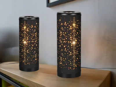 Produktbild von 2er SET ausgefallene LED Tischlampen mit Sterneneffekt, Stoffschirm Schwarz Gold